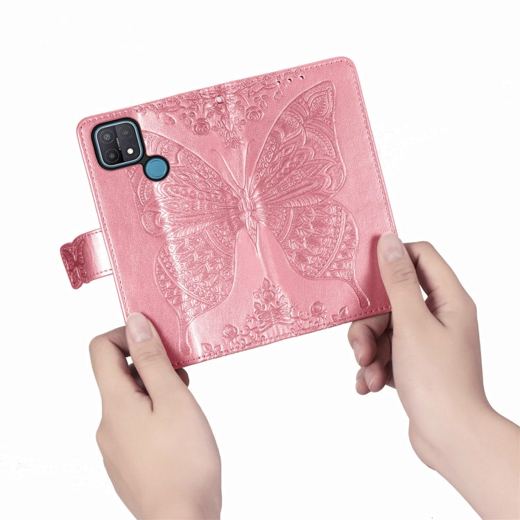 For OPPO A15 Butterfly Love Flower Embossed Horizontal Flip Leather Case with Bracket / Card Slot / Wallet / Lanyard