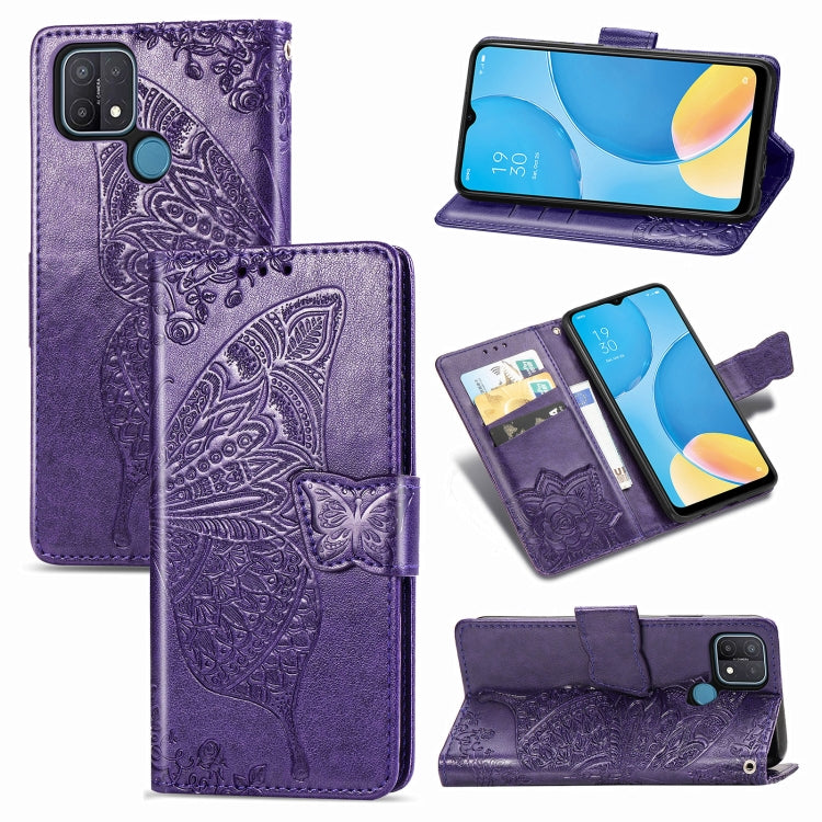 For OPPO A15 Butterfly Love Flower Embossed Horizontal Flip Leather Case with Bracket / Card Slot / Wallet / Lanyard