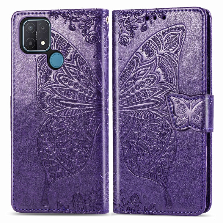 For OPPO A15 Butterfly Love Flower Embossed Horizontal Flip Leather Case with Bracket / Card Slot / Wallet / Lanyard