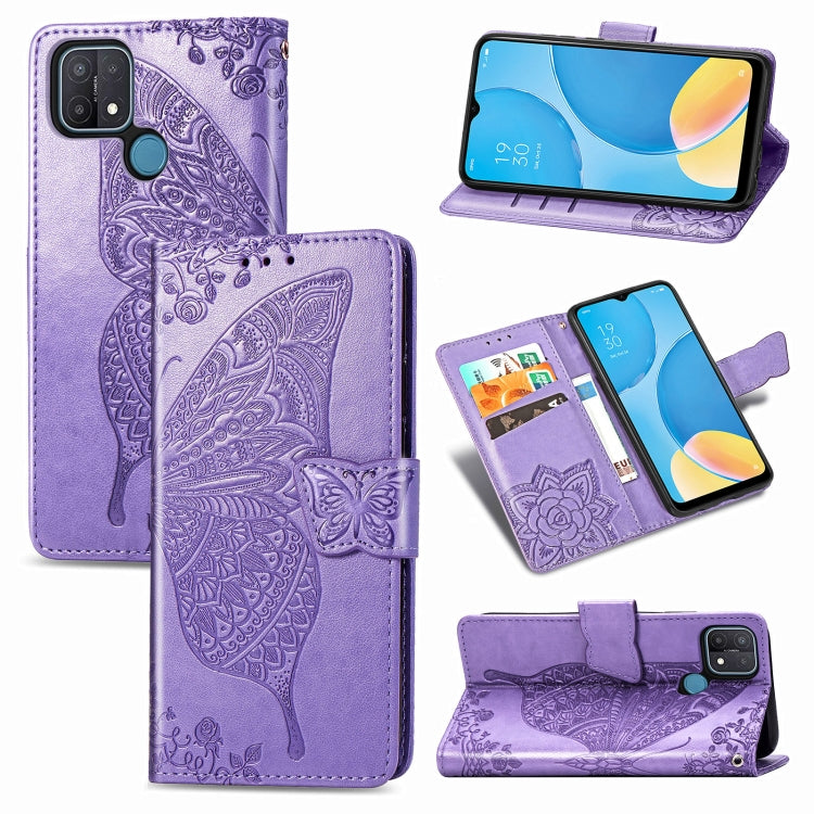 For OPPO A15 Butterfly Love Flower Embossed Horizontal Flip Leather Case with Bracket / Card Slot / Wallet / Lanyard