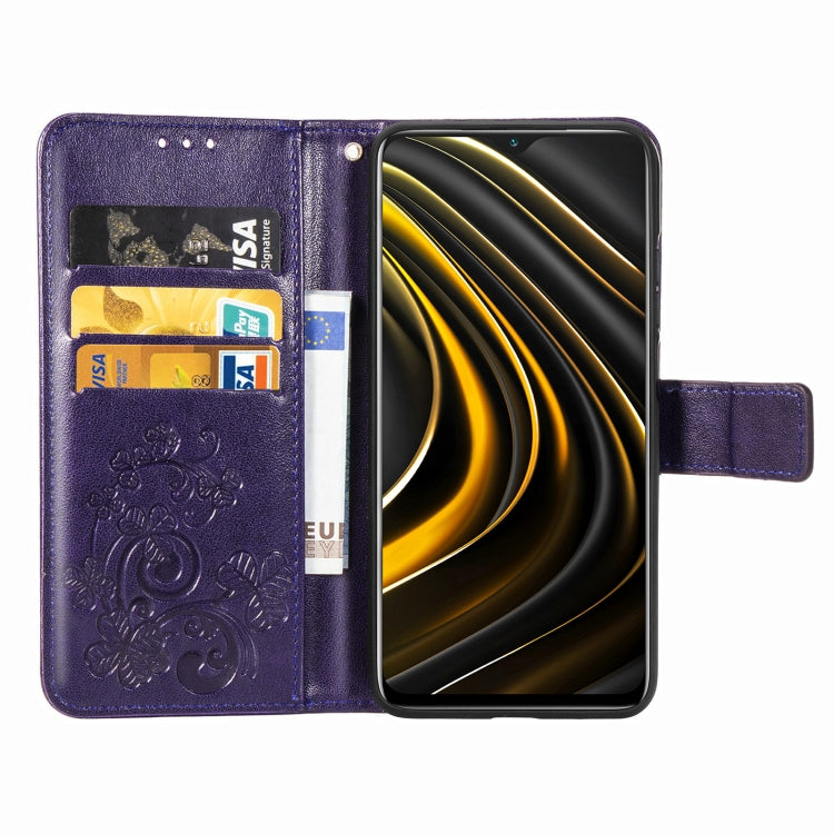 Four-leaf Clasp Embossed Buckle Mobile Phone Protection Leather Case with Lanyard & Card Slot & Wallet & Bracket Function For Xiaomi POCO M3