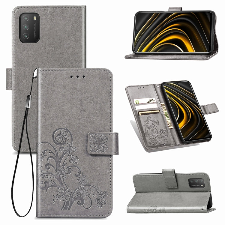 Four-leaf Clasp Embossed Buckle Mobile Phone Protection Leather Case with Lanyard & Card Slot & Wallet & Bracket Function For Xiaomi POCO M3