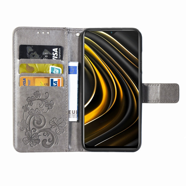 Four-leaf Clasp Embossed Buckle Mobile Phone Protection Leather Case with Lanyard & Card Slot & Wallet & Bracket Function For Xiaomi POCO M3