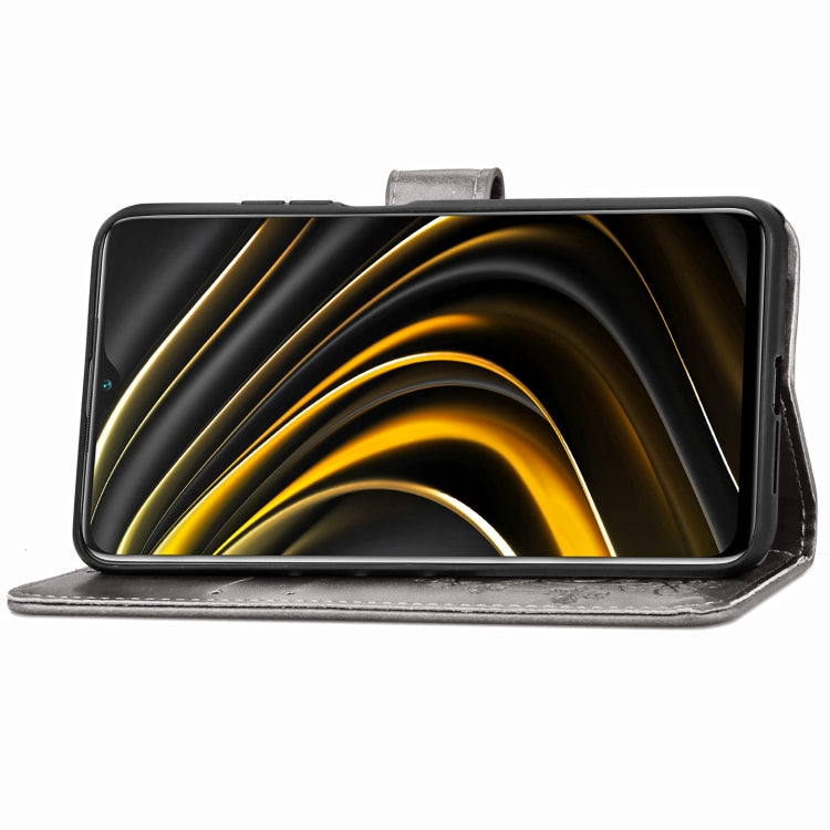 Four-leaf Clasp Embossed Buckle Mobile Phone Protection Leather Case with Lanyard & Card Slot & Wallet & Bracket Function For Xiaomi POCO M3