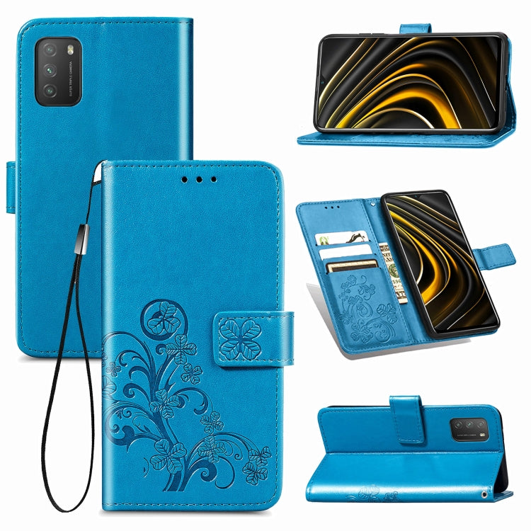 Four-leaf Clasp Embossed Buckle Mobile Phone Protection Leather Case with Lanyard & Card Slot & Wallet & Bracket Function For Xiaomi POCO M3