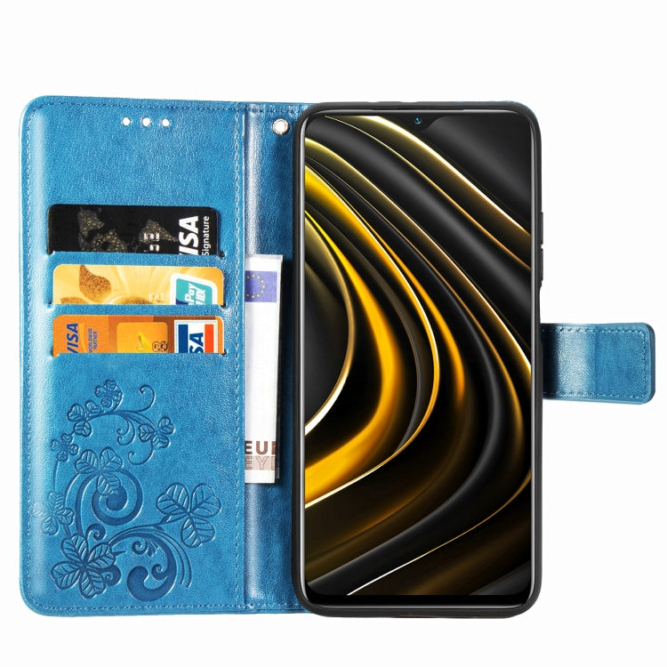 Four-leaf Clasp Embossed Buckle Mobile Phone Protection Leather Case with Lanyard & Card Slot & Wallet & Bracket Function For Xiaomi POCO M3