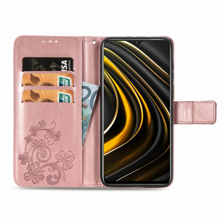 Four-leaf Clasp Embossed Buckle Mobile Phone Protection Leather Case with Lanyard & Card Slot & Wallet & Bracket Function For Xiaomi POCO M3