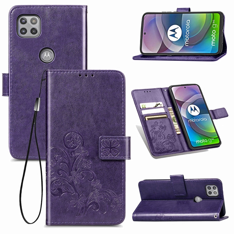 Four-leaf Clasp Embossed Buckle Mobile Phone Protection Leather Case with Lanyard & Card Slot & Wallet & Bracket Function For Motorola Moto G 5G