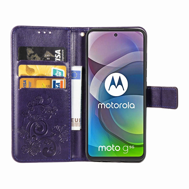 Four-leaf Clasp Embossed Buckle Mobile Phone Protection Leather Case with Lanyard & Card Slot & Wallet & Bracket Function For Motorola Moto G 5G