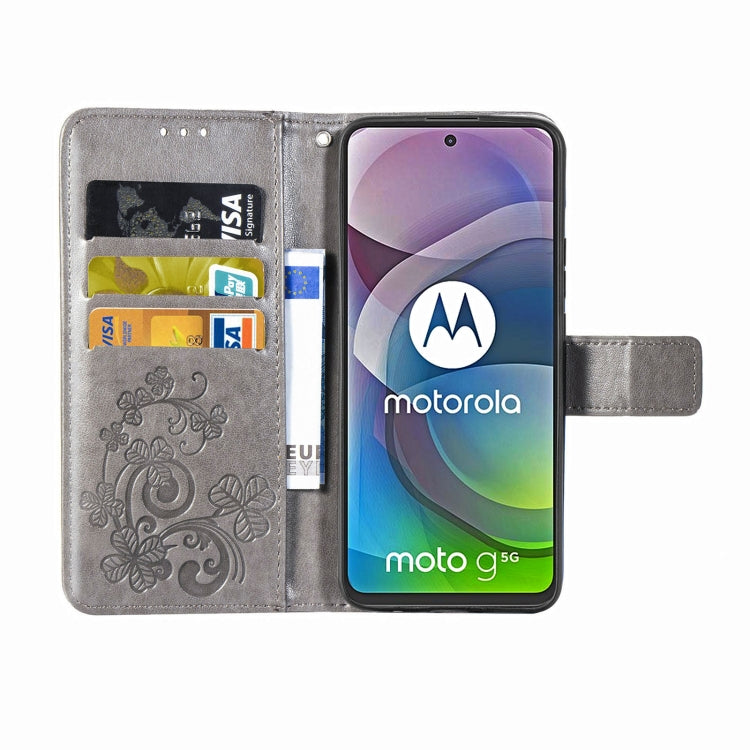 Four-leaf Clasp Embossed Buckle Mobile Phone Protection Leather Case with Lanyard & Card Slot & Wallet & Bracket Function For Motorola Moto G 5G