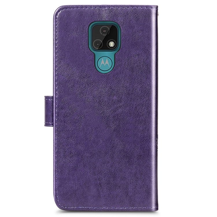 Four-leaf Clasp Embossed Buckle Mobile Phone Protection Leather Case with Lanyard & Card Slot & Wallet & Bracket Function For Motorola Moto E7