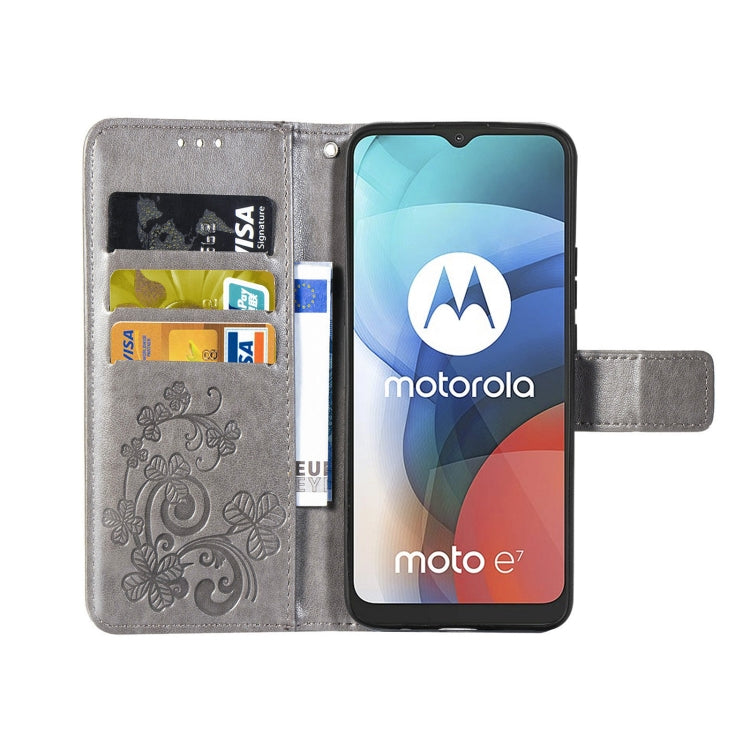 Four-leaf Clasp Embossed Buckle Mobile Phone Protection Leather Case with Lanyard & Card Slot & Wallet & Bracket Function For Motorola Moto E7