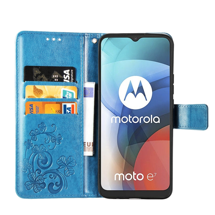 Four-leaf Clasp Embossed Buckle Mobile Phone Protection Leather Case with Lanyard & Card Slot & Wallet & Bracket Function For Motorola Moto E7
