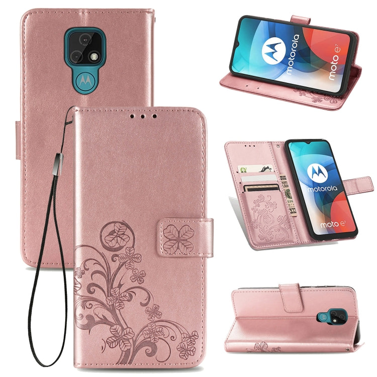 Four-leaf Clasp Embossed Buckle Mobile Phone Protection Leather Case with Lanyard & Card Slot & Wallet & Bracket Function For Motorola Moto E7
