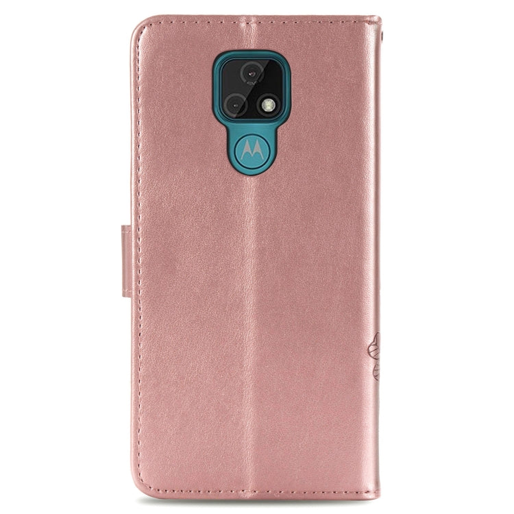 Four-leaf Clasp Embossed Buckle Mobile Phone Protection Leather Case with Lanyard & Card Slot & Wallet & Bracket Function For Motorola Moto E7