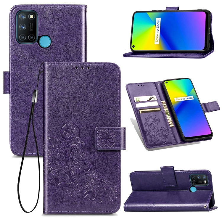 Four-leaf Clasp Embossed Buckle Mobile Phone Protection Leather Case with Lanyard & Card Slot & Wallet & Bracket Function For OPPO Realme 7i / C17