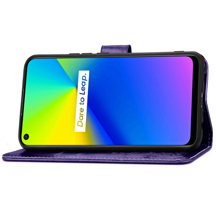 Four-leaf Clasp Embossed Buckle Mobile Phone Protection Leather Case with Lanyard & Card Slot & Wallet & Bracket Function For OPPO Realme 7i / C17