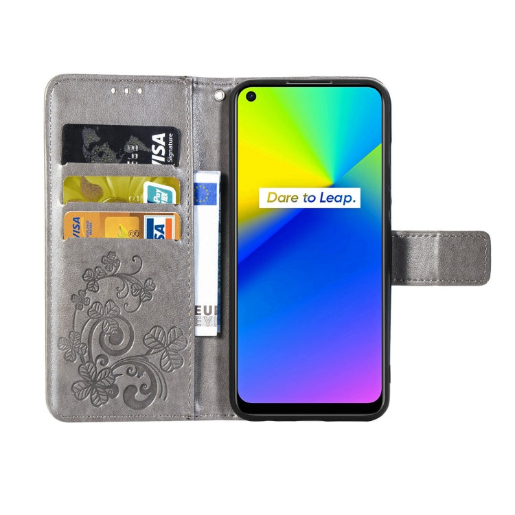 Four-leaf Clasp Embossed Buckle Mobile Phone Protection Leather Case with Lanyard & Card Slot & Wallet & Bracket Function For OPPO Realme 7i / C17