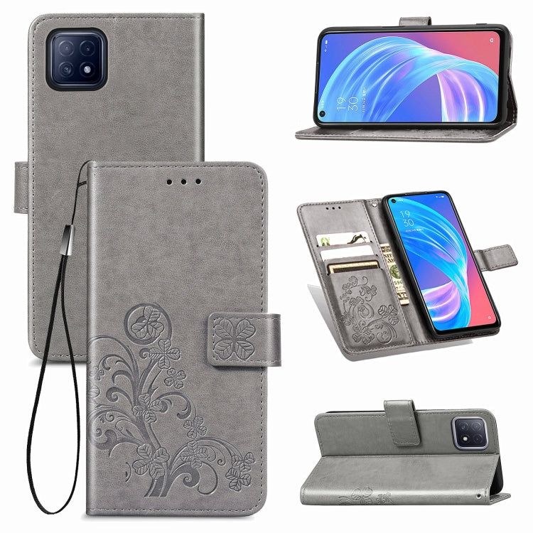 Four-leaf Clasp Embossed Buckle Mobile Phone Protection Leather Case with Lanyard & Card Slot & Wallet & Bracket Function For OPPO A72 5G