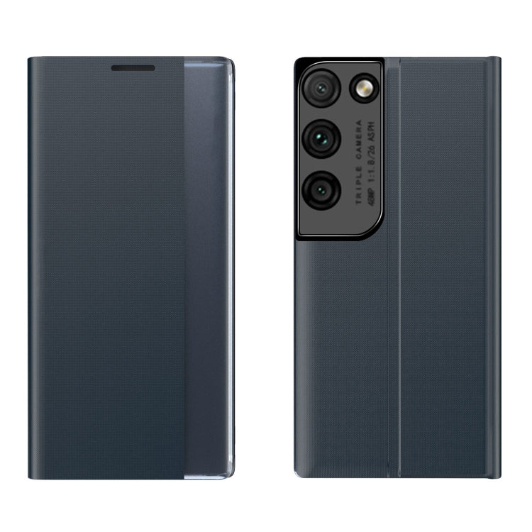 For Samsung Galaxy S21 Ultra 5G Side Display Magnetic Horizontal Flip Plain Texture Cloth + PC Case with Holder & Sleep / Wake-up Function