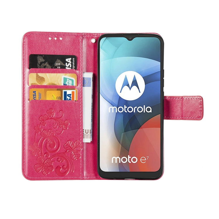 For Motorola MOTO E7 Four-leaf Clasp Embossed Buckle Mobile Phone Protection Leather Case with Lanyard & Card Slot & Wallet & Bracket Function