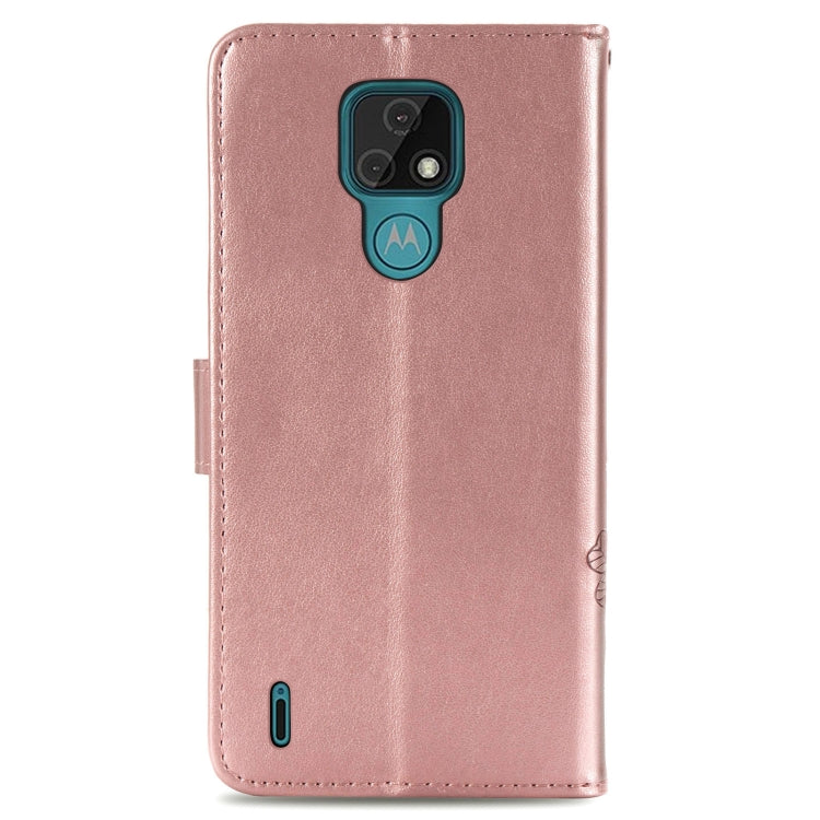 For Motorola MOTO E7 Four-leaf Clasp Embossed Buckle Mobile Phone Protection Leather Case with Lanyard & Card Slot & Wallet & Bracket Function