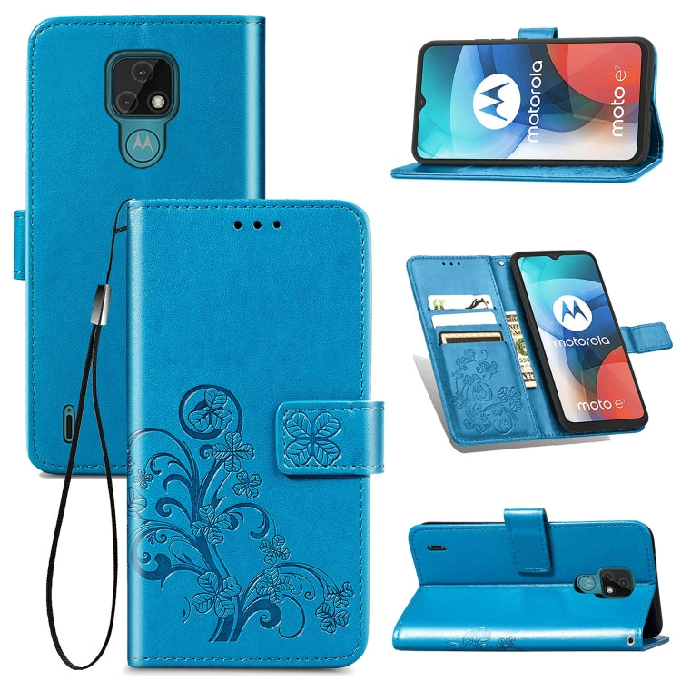 For Motorola MOTO E7 Four-leaf Clasp Embossed Buckle Mobile Phone Protection Leather Case with Lanyard & Card Slot & Wallet & Bracket Function