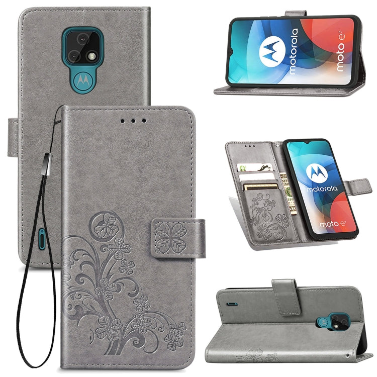 For Motorola MOTO E7 Four-leaf Clasp Embossed Buckle Mobile Phone Protection Leather Case with Lanyard & Card Slot & Wallet & Bracket Function