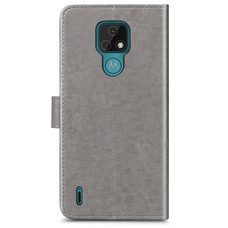 For Motorola MOTO E7 Four-leaf Clasp Embossed Buckle Mobile Phone Protection Leather Case with Lanyard & Card Slot & Wallet & Bracket Function