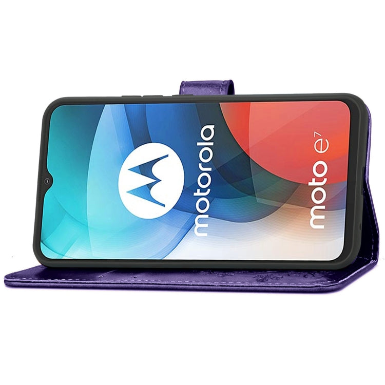 For Motorola MOTO E7 Four-leaf Clasp Embossed Buckle Mobile Phone Protection Leather Case with Lanyard & Card Slot & Wallet & Bracket Function