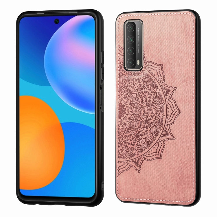 For Huawei Y7A / P Smart 2021 Mandala Embossed Cloth Cover PC + TPU Mobile Phone Case with Magnetic Function and Hand Strap