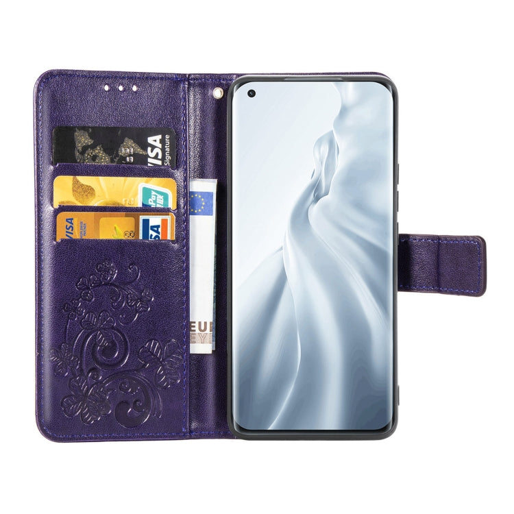 For Xiaomi Mi 11 Four-leaf Clasp Embossed Buckle Mobile Phone Protection Leather Case with Lanyard & Card Slot & Wallet & Bracket Function