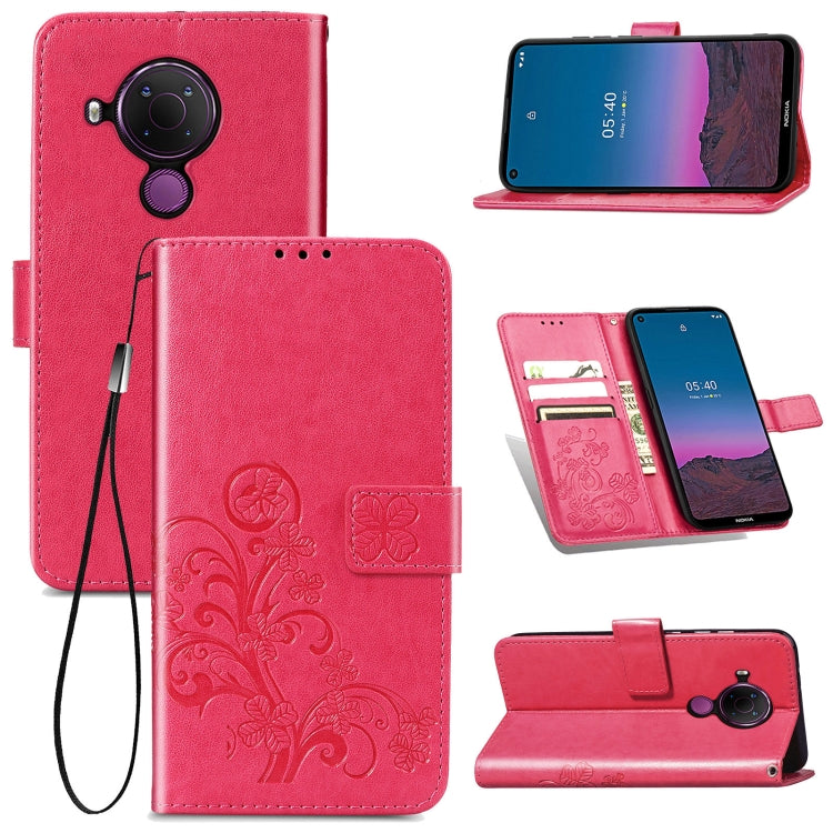 For Nokia 5.4 Four-leaf Clasp Embossed Buckle Mobile Phone Protection Leather Case with Lanyard & Card Slot & Wallet & Bracket Function