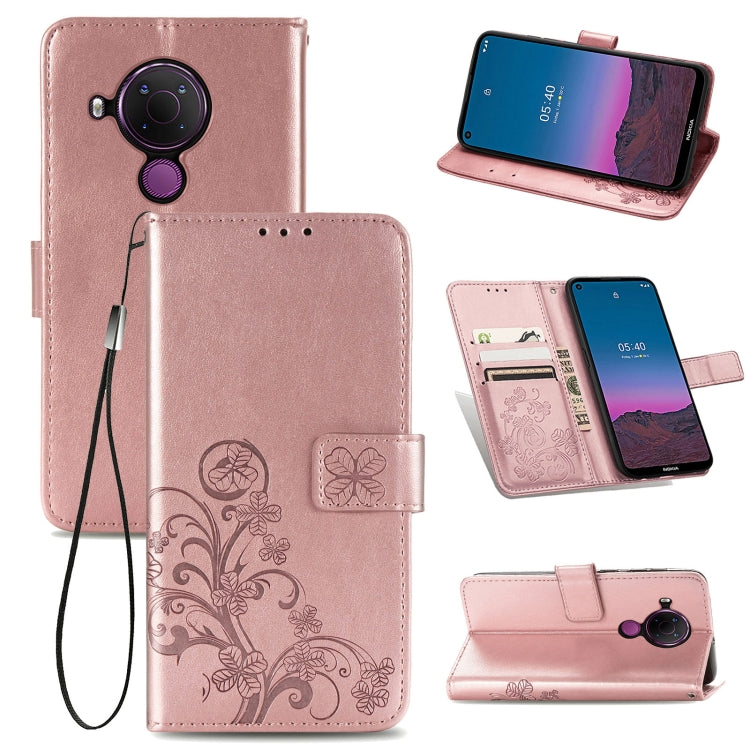 For Nokia 5.4 Four-leaf Clasp Embossed Buckle Mobile Phone Protection Leather Case with Lanyard & Card Slot & Wallet & Bracket Function