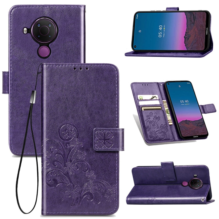 For Nokia 5.4 Four-leaf Clasp Embossed Buckle Mobile Phone Protection Leather Case with Lanyard & Card Slot & Wallet & Bracket Function