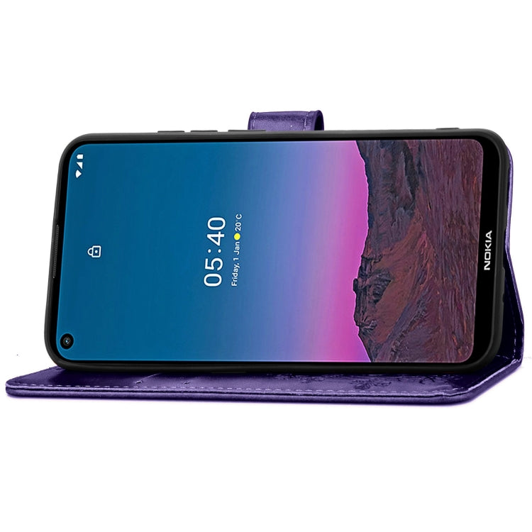 For Nokia 5.4 Four-leaf Clasp Embossed Buckle Mobile Phone Protection Leather Case with Lanyard & Card Slot & Wallet & Bracket Function