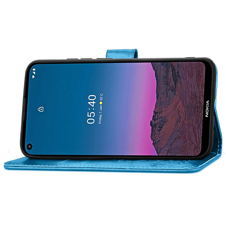 For Nokia 5.4 Four-leaf Clasp Embossed Buckle Mobile Phone Protection Leather Case with Lanyard & Card Slot & Wallet & Bracket Function