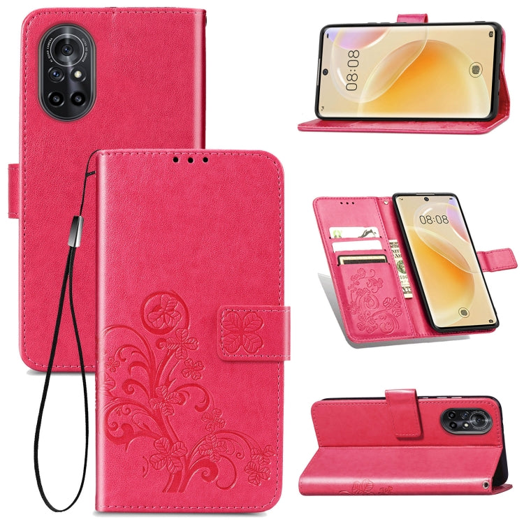 For Huawei Nova 8 Four-leaf Clasp Embossed Buckle Mobile Phone Protection Leather Case with Lanyard & Card Slot & Wallet & Bracket Function