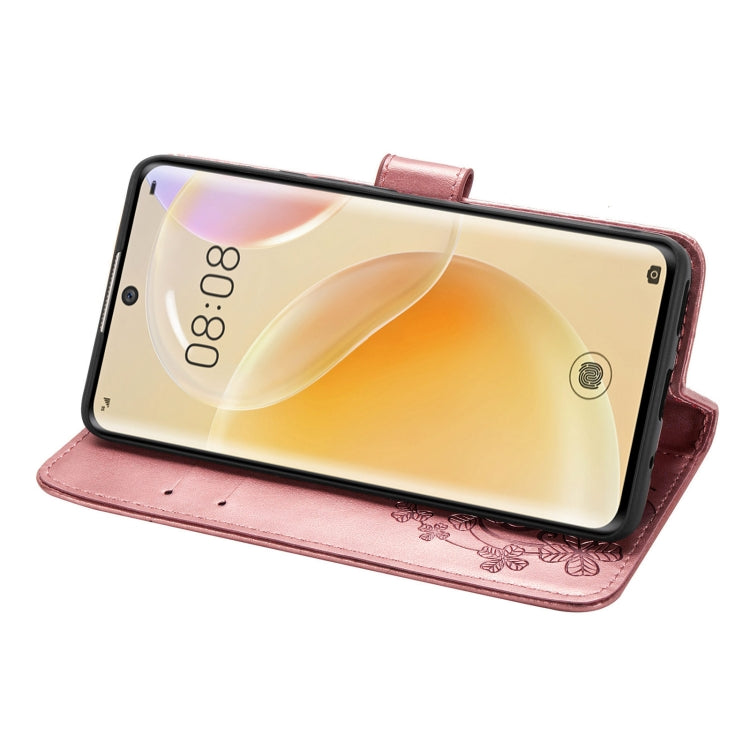 For Huawei Nova 8 Four-leaf Clasp Embossed Buckle Mobile Phone Protection Leather Case with Lanyard & Card Slot & Wallet & Bracket Function