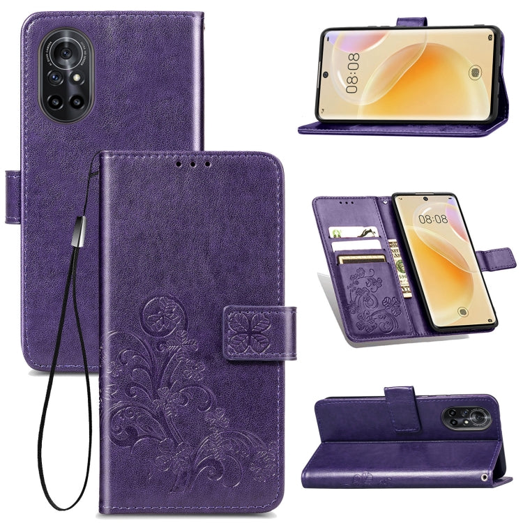 For Huawei Nova 8 Four-leaf Clasp Embossed Buckle Mobile Phone Protection Leather Case with Lanyard & Card Slot & Wallet & Bracket Function