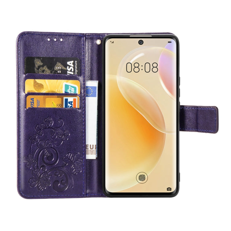 For Huawei Nova 8 Four-leaf Clasp Embossed Buckle Mobile Phone Protection Leather Case with Lanyard & Card Slot & Wallet & Bracket Function