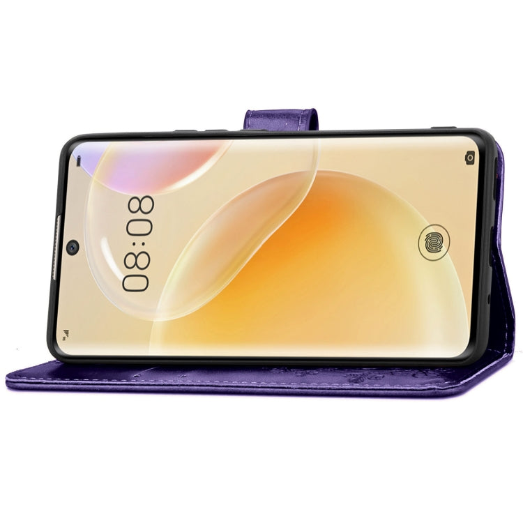 For Huawei Nova 8 Four-leaf Clasp Embossed Buckle Mobile Phone Protection Leather Case with Lanyard & Card Slot & Wallet & Bracket Function