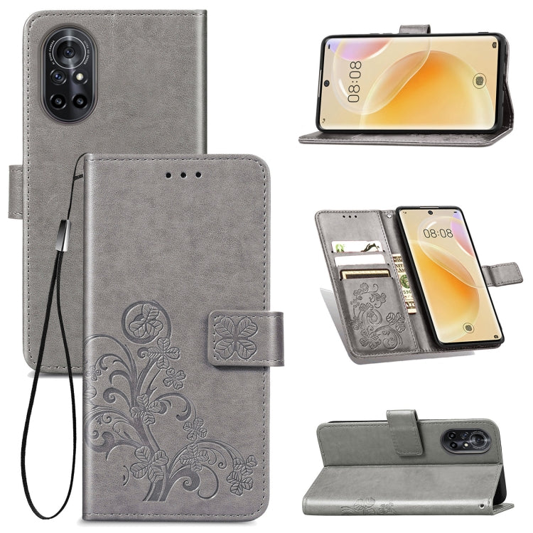 For Huawei Nova 8 Four-leaf Clasp Embossed Buckle Mobile Phone Protection Leather Case with Lanyard & Card Slot & Wallet & Bracket Function