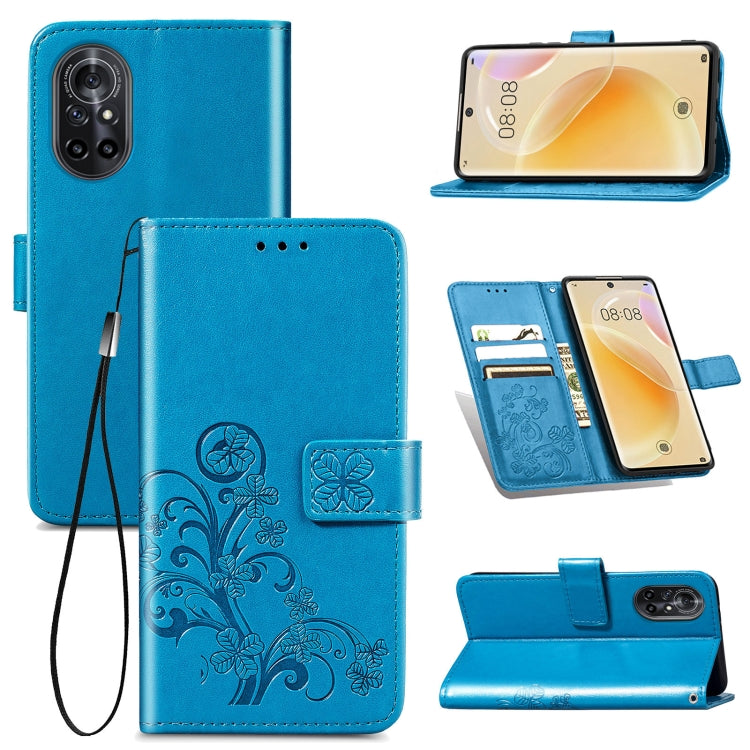 For Huawei Nova 8 Four-leaf Clasp Embossed Buckle Mobile Phone Protection Leather Case with Lanyard & Card Slot & Wallet & Bracket Function