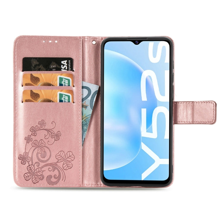 For vivo Y52s Four-leaf Clasp Embossed Buckle Mobile Phone Protection Leather Case with Lanyard & Card Slot & Wallet & Bracket Function