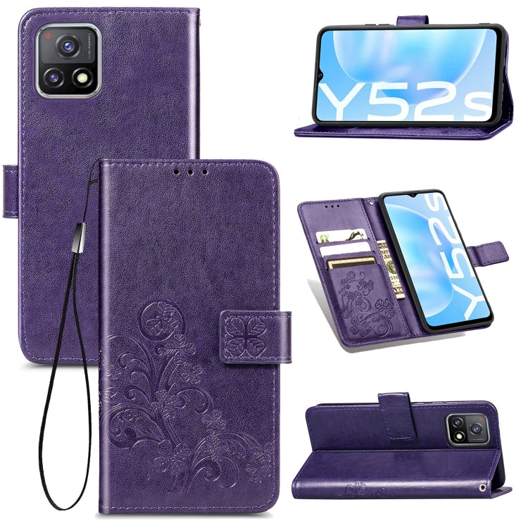 For vivo Y52s Four-leaf Clasp Embossed Buckle Mobile Phone Protection Leather Case with Lanyard & Card Slot & Wallet & Bracket Function