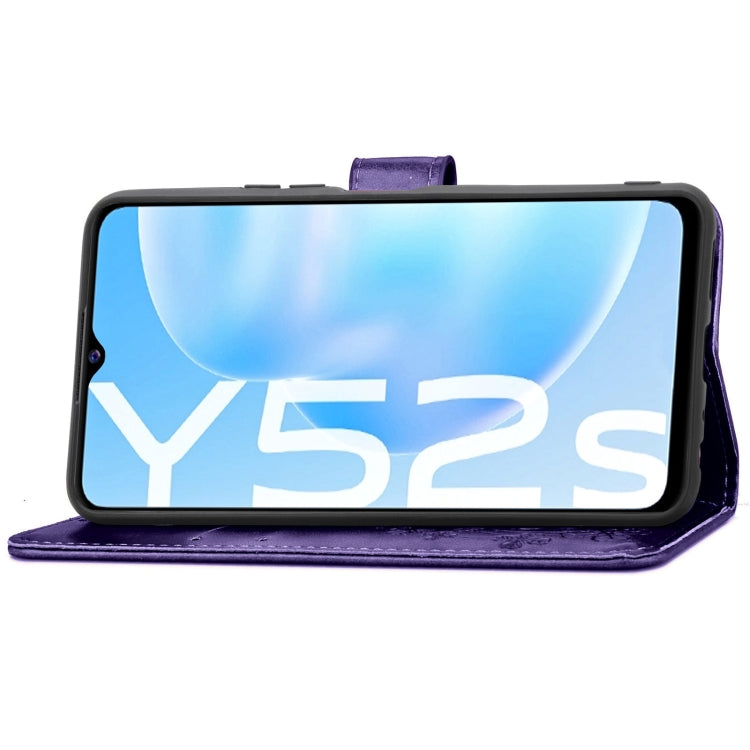 For vivo Y52s Four-leaf Clasp Embossed Buckle Mobile Phone Protection Leather Case with Lanyard & Card Slot & Wallet & Bracket Function