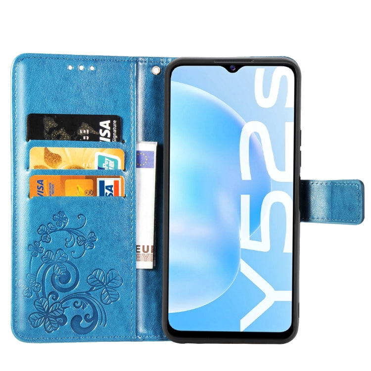 For vivo Y52s Four-leaf Clasp Embossed Buckle Mobile Phone Protection Leather Case with Lanyard & Card Slot & Wallet & Bracket Function