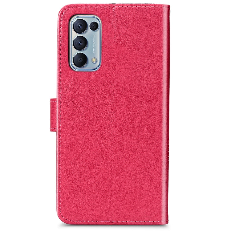 For OPPO Reno5 5G Four-leaf Clasp Embossed Buckle Leather Phone Case with Lanyard & Card Slot & Wallet & Holder