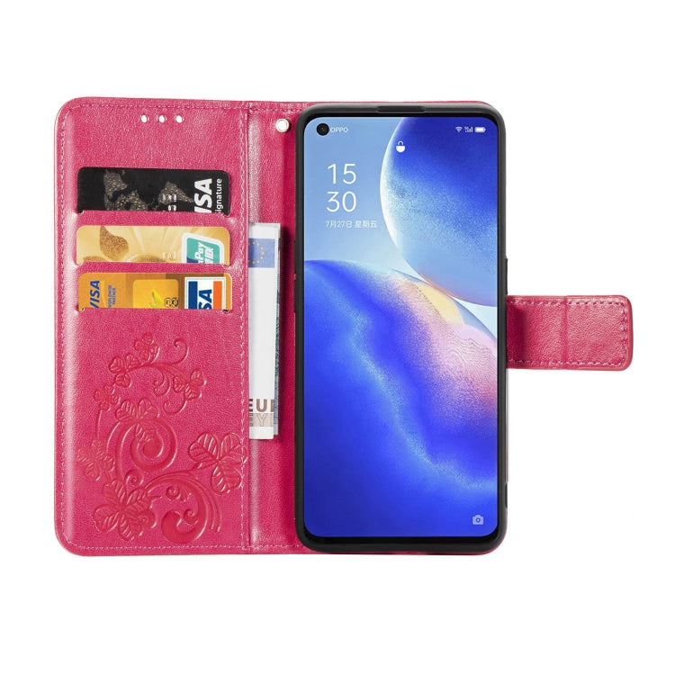 For OPPO Reno5 5G Four-leaf Clasp Embossed Buckle Leather Phone Case with Lanyard & Card Slot & Wallet & Holder